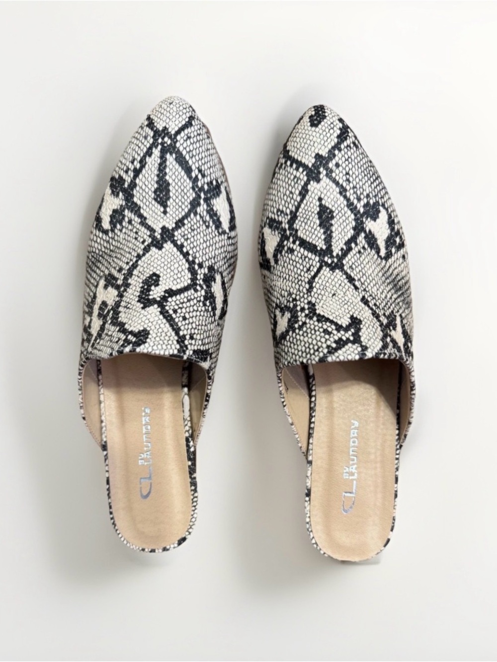 CL by Laundry Slip-On Mules Heels Snake Print Beige and Black - Picture 2 of 8